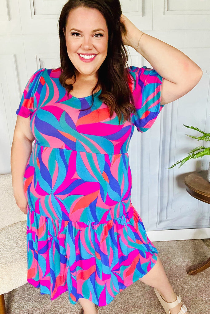 Remember Me Blue & Fuchsia Geo Print V Neck Dress-Timber Brooke Boutique, Online Women's Fashion Boutique in Amarillo, Texas