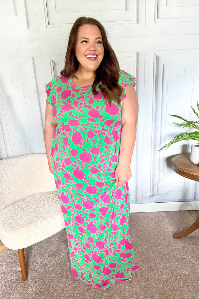 Stand Out Green & Fuchsia Floral Fit & Flare Maxi Dress-Timber Brooke Boutique, Online Women's Fashion Boutique in Amarillo, Texas