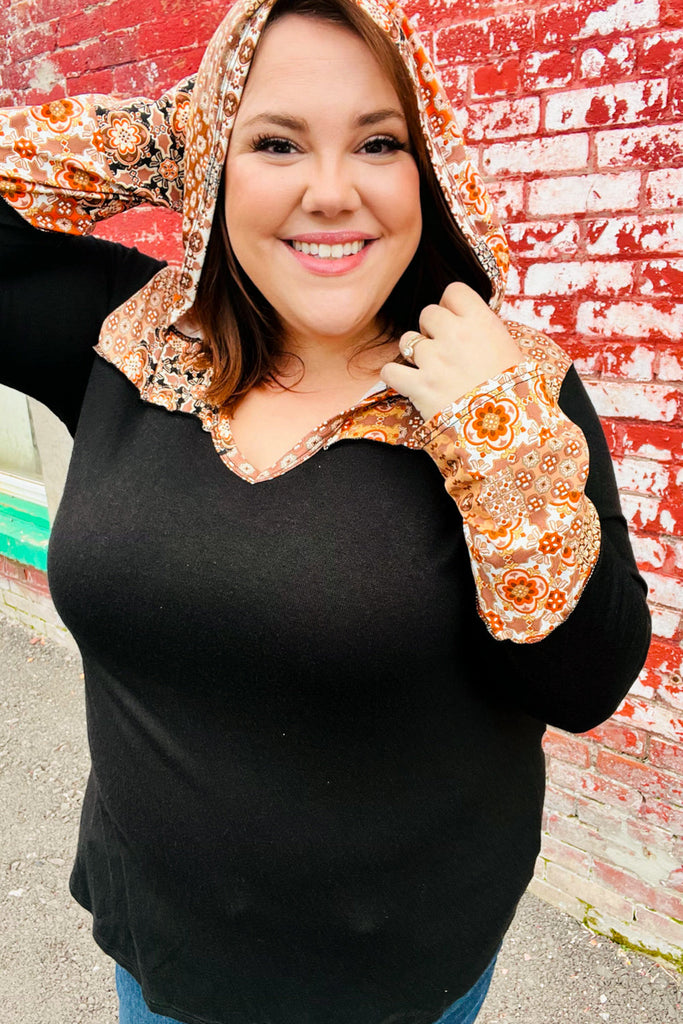 Cozy Up Black & Rust Paisley Print Hacci Knit Hoodie-Timber Brooke Boutique, Online Women's Fashion Boutique in Amarillo, Texas