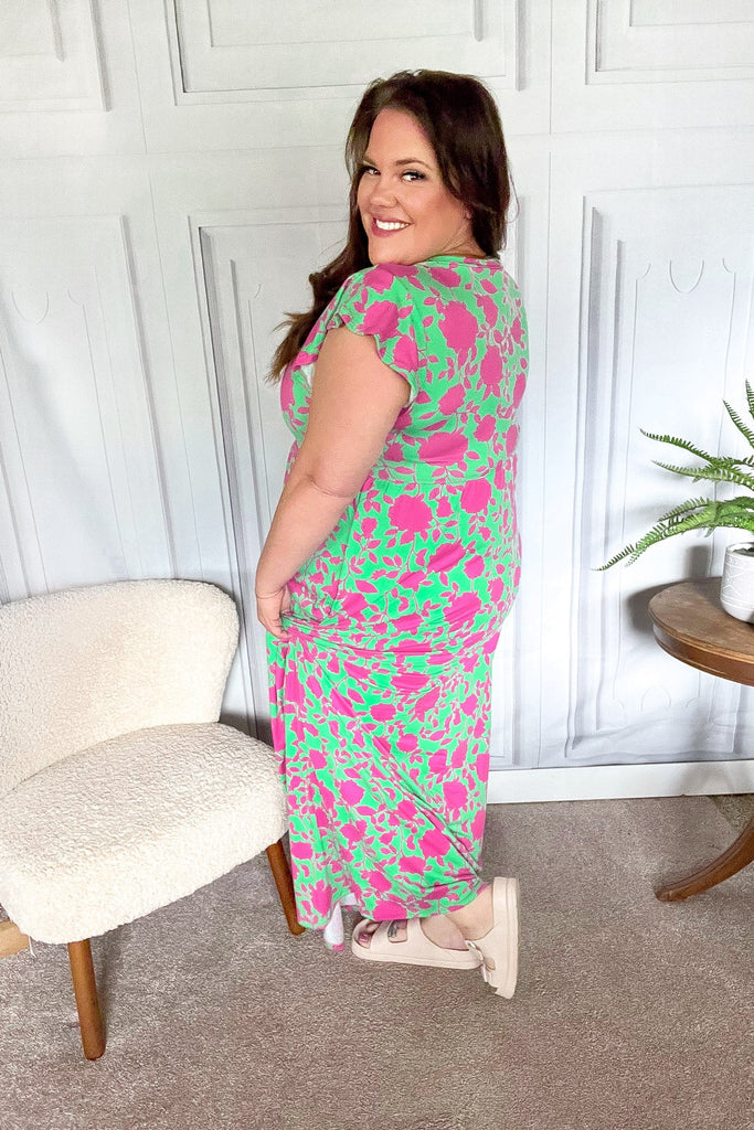 Stand Out Green & Fuchsia Floral Fit & Flare Maxi Dress-Timber Brooke Boutique, Online Women's Fashion Boutique in Amarillo, Texas