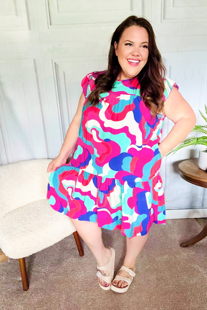 Go For Fun Fuchsia Geo Print Tiered Ruffle Sleeve Woven Dress-Timber Brooke Boutique, Online Women's Fashion Boutique in Amarillo, Texas