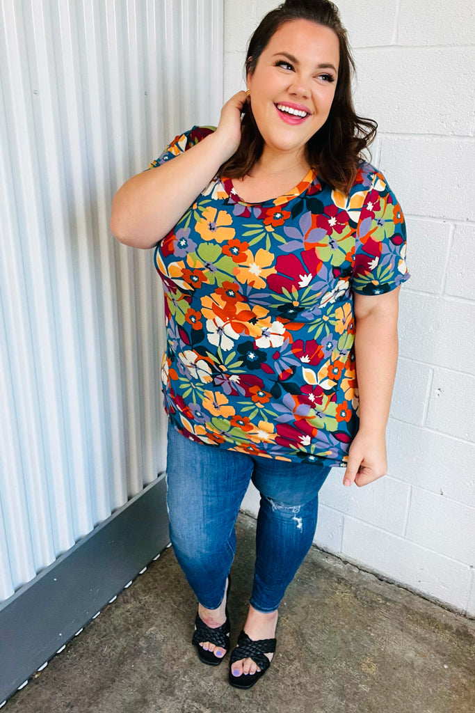 Teal & Maroon Flat Floral Print Top-Timber Brooke Boutique, Online Women's Fashion Boutique in Amarillo, Texas