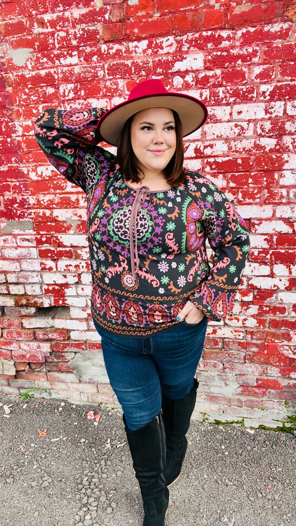 Black & Mauve Border Print Keyhole Tie Top-Timber Brooke Boutique, Online Women's Fashion Boutique in Amarillo, Texas