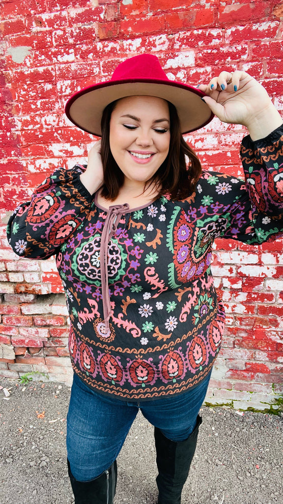 Black & Mauve Border Print Keyhole Tie Top-Timber Brooke Boutique, Online Women's Fashion Boutique in Amarillo, Texas