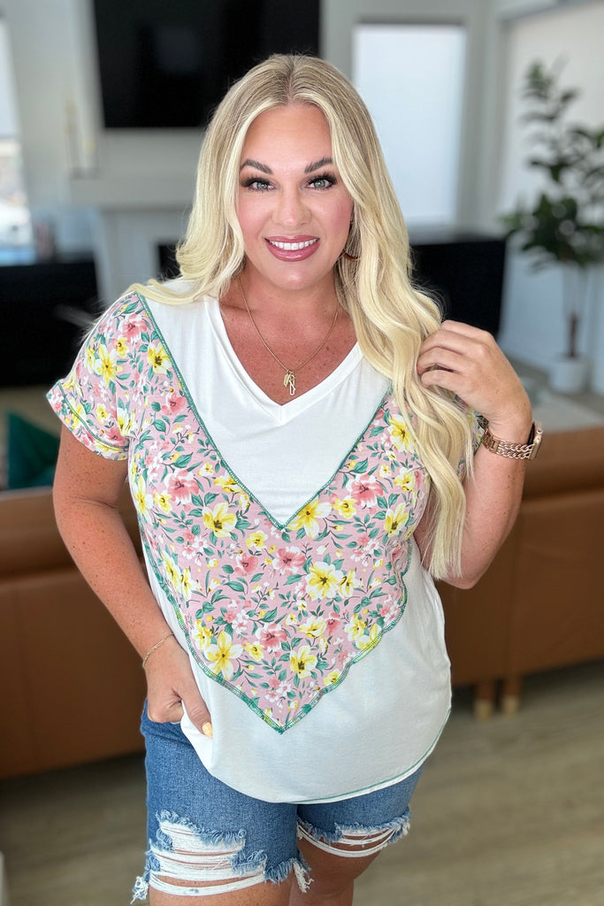 To Rock a Rhyme Color Block Top in Pink Floral-Tops-Timber Brooke Boutique, Online Women's Fashion Boutique in Amarillo, Texas