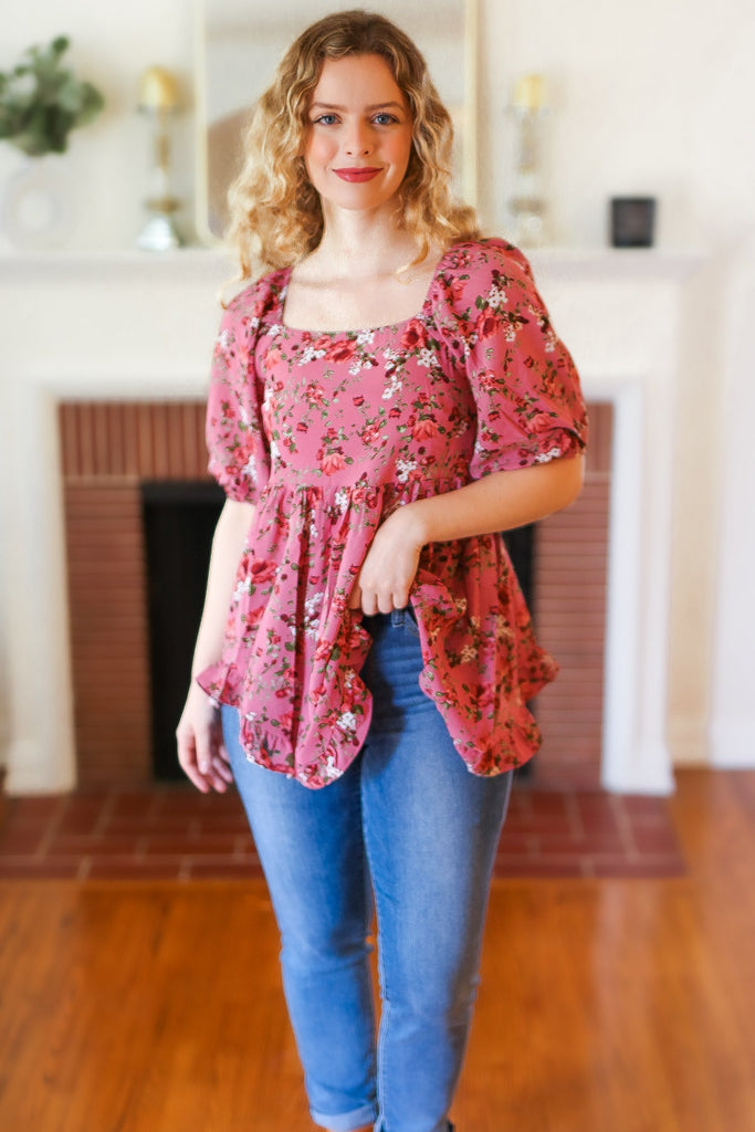 Just So Sweet Dusty Rose Floral Print Smocked Puff Sleeve Top-Timber Brooke Boutique, Online Women's Fashion Boutique in Amarillo, Texas