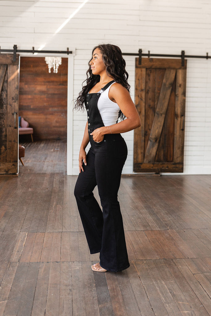 Imogene Control Top Retro Flare Overalls in Black-Womens-Timber Brooke Boutique, Online Women's Fashion Boutique in Amarillo, Texas