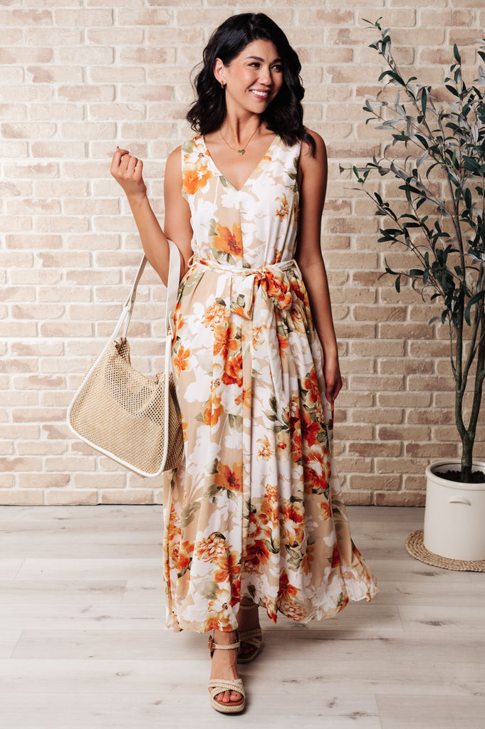 It's All Sunshine V-Neck Floral Dress in Orange-Dresses-Timber Brooke Boutique, Online Women's Fashion Boutique in Amarillo, Texas