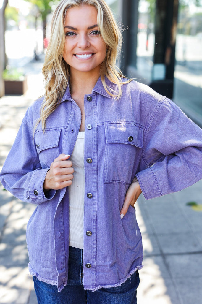 Be Bold In Purple Haze Frayed Denim Jacket-Timber Brooke Boutique, Online Women's Fashion Boutique in Amarillo, Texas