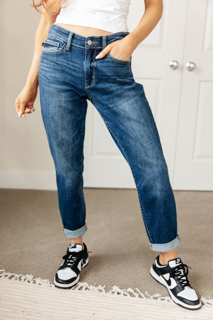 London Midrise Cuffed Boyfriend Jeans-Denim-Timber Brooke Boutique, Online Women's Fashion Boutique in Amarillo, Texas