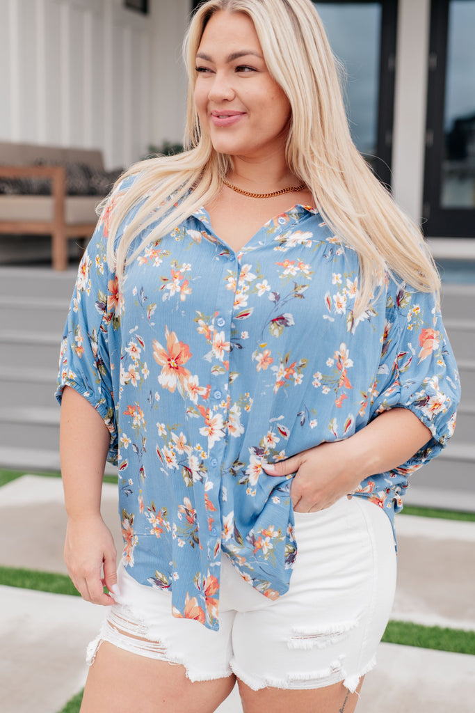 Lanikai Floral Button Down-Short Sleeve Top-Timber Brooke Boutique, Online Women's Fashion Boutique in Amarillo, Texas