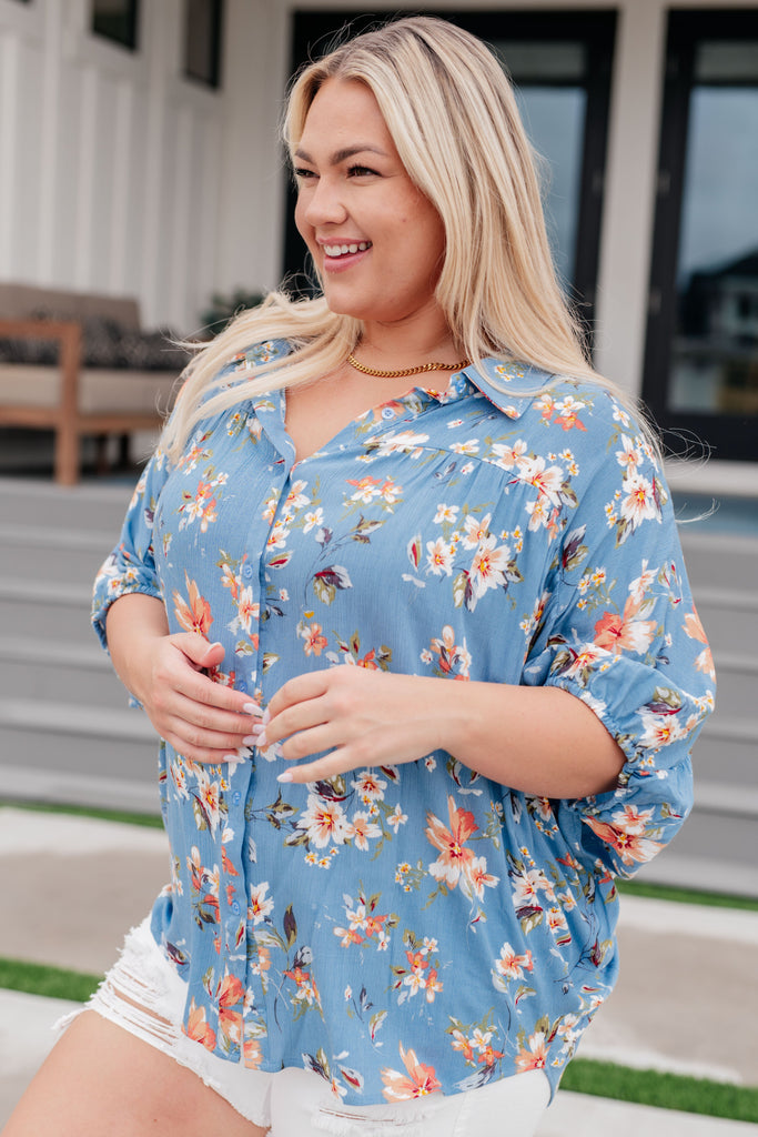 Lanikai Floral Button Down-Short Sleeve Top-Timber Brooke Boutique, Online Women's Fashion Boutique in Amarillo, Texas