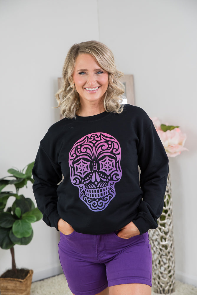 Magenta Sugar Skull Crewneck-BT Graphic Tee-Timber Brooke Boutique, Online Women's Fashion Boutique in Amarillo, Texas