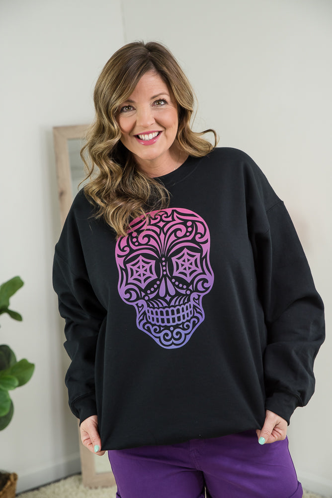 Magenta Sugar Skull Crewneck-BT Graphic Tee-Timber Brooke Boutique, Online Women's Fashion Boutique in Amarillo, Texas