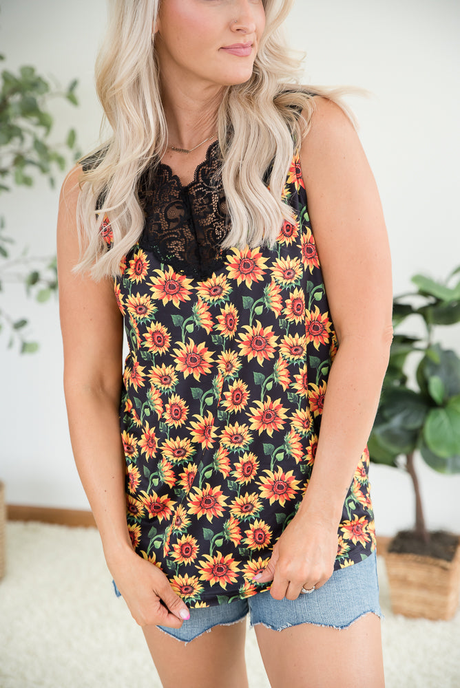 Seeking Sunflowers Lace Tank-YFW-Timber Brooke Boutique, Online Women's Fashion Boutique in Amarillo, Texas