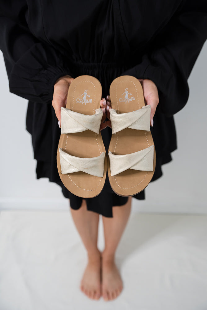 With a Twist Sandals in Gold-Corkys-Timber Brooke Boutique, Online Women's Fashion Boutique in Amarillo, Texas