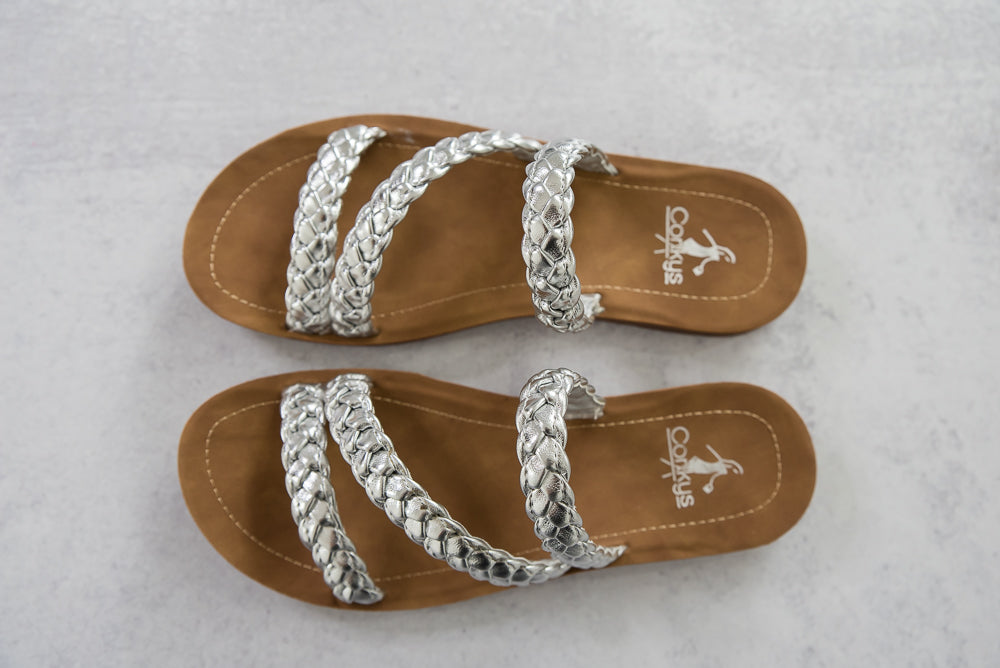 Twist N Shout Sandals in Silver-Corkys-Timber Brooke Boutique, Online Women's Fashion Boutique in Amarillo, Texas