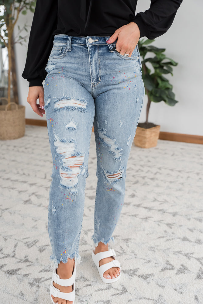 Rainbow Skies Paint Splatter Judy Blue Boyfriend Jeans-Judy Blue-Timber Brooke Boutique, Online Women's Fashion Boutique in Amarillo, Texas