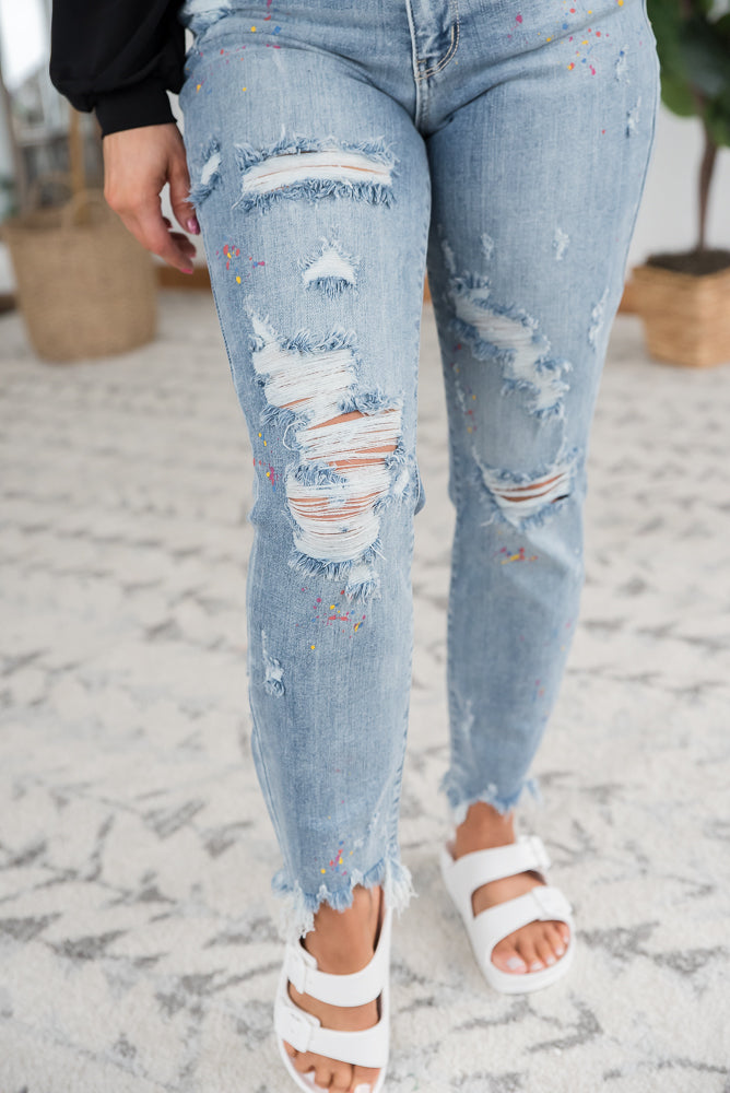 Rainbow Skies Paint Splatter Judy Blue Boyfriend Jeans-Judy Blue-Timber Brooke Boutique, Online Women's Fashion Boutique in Amarillo, Texas