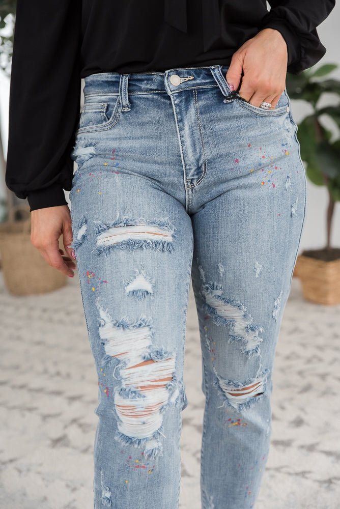 Rainbow Skies Paint Splatter Judy Blue Boyfriend Jeans-Judy Blue-Timber Brooke Boutique, Online Women's Fashion Boutique in Amarillo, Texas