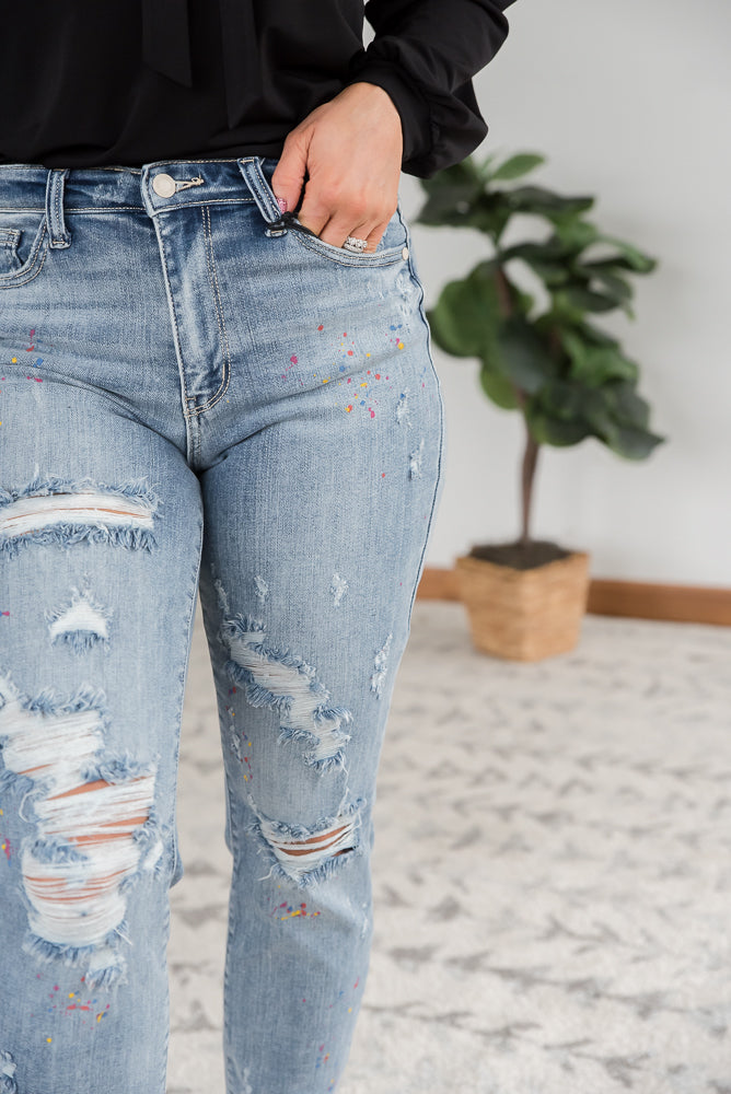 Rainbow Skies Paint Splatter Judy Blue Boyfriend Jeans-Judy Blue-Timber Brooke Boutique, Online Women's Fashion Boutique in Amarillo, Texas