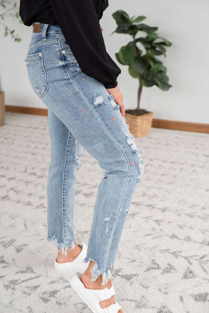 Rainbow Skies Paint Splatter Judy Blue Boyfriend Jeans-Judy Blue-Timber Brooke Boutique, Online Women's Fashion Boutique in Amarillo, Texas