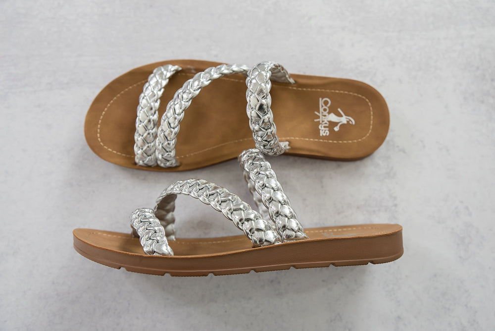 Twist N Shout Sandals in Silver-Corkys-Timber Brooke Boutique, Online Women's Fashion Boutique in Amarillo, Texas