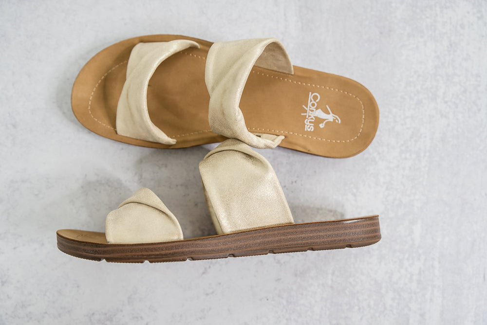 With a Twist Sandals in Gold-Corkys-Timber Brooke Boutique, Online Women's Fashion Boutique in Amarillo, Texas