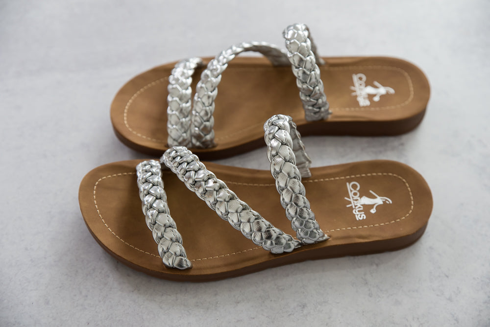 Twist N Shout Sandals in Silver-Corkys-Timber Brooke Boutique, Online Women's Fashion Boutique in Amarillo, Texas