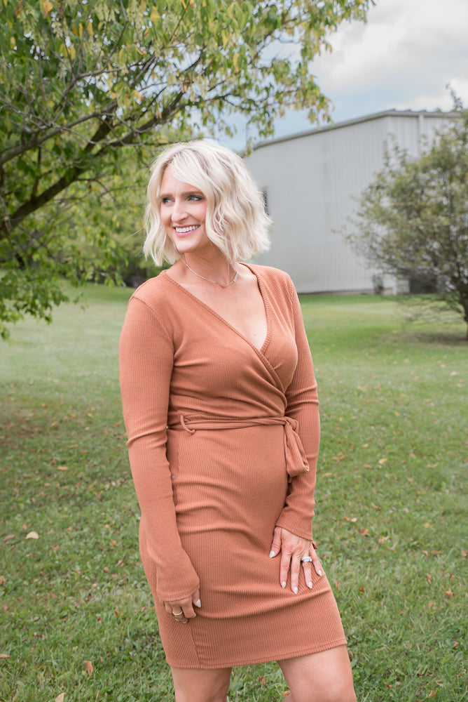 Happy Now Dress in Cognac-White Birch-Timber Brooke Boutique, Online Women's Fashion Boutique in Amarillo, Texas