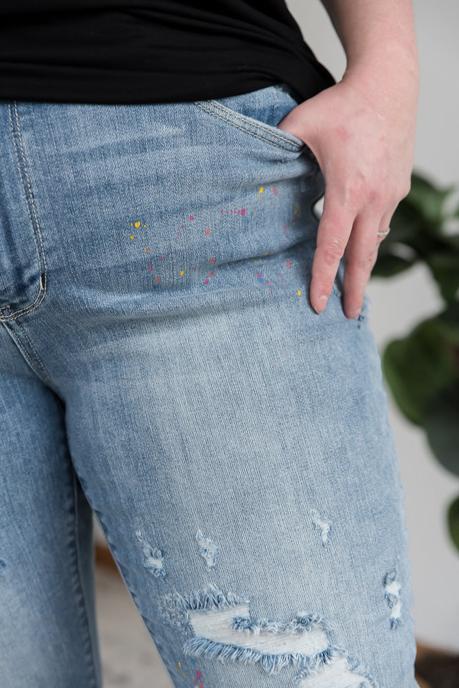 Rainbow Skies Paint Splatter Judy Blue Boyfriend Jeans-Judy Blue-Timber Brooke Boutique, Online Women's Fashion Boutique in Amarillo, Texas