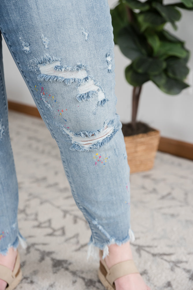 Rainbow Skies Paint Splatter Judy Blue Boyfriend Jeans-Judy Blue-Timber Brooke Boutique, Online Women's Fashion Boutique in Amarillo, Texas