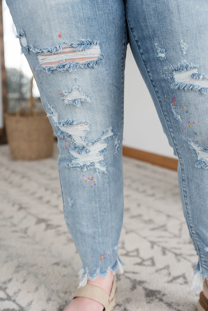 Rainbow Skies Paint Splatter Judy Blue Boyfriend Jeans-Judy Blue-Timber Brooke Boutique, Online Women's Fashion Boutique in Amarillo, Texas