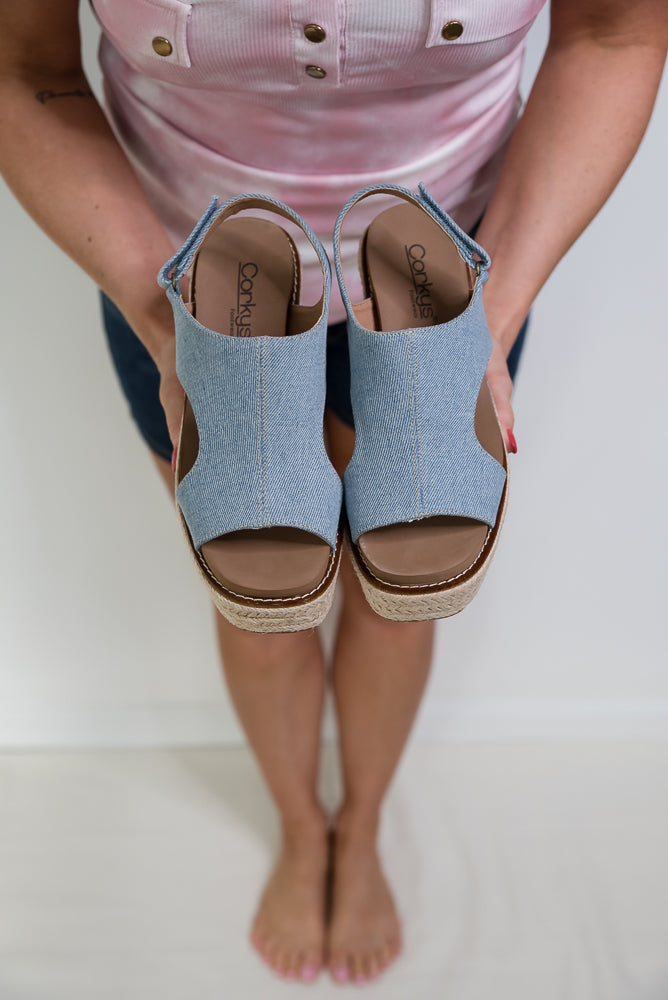 Freddie Wedges in Denim-Corkys-Timber Brooke Boutique, Online Women's Fashion Boutique in Amarillo, Texas