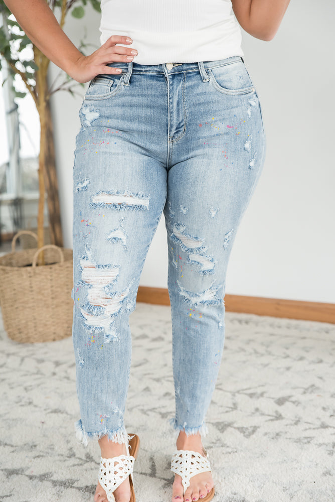 Rainbow Skies Paint Splatter Judy Blue Boyfriend Jeans-Judy Blue-Timber Brooke Boutique, Online Women's Fashion Boutique in Amarillo, Texas