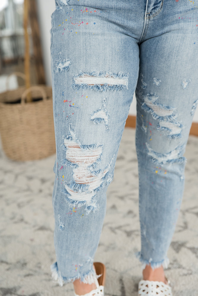 Rainbow Skies Paint Splatter Judy Blue Boyfriend Jeans-Judy Blue-Timber Brooke Boutique, Online Women's Fashion Boutique in Amarillo, Texas