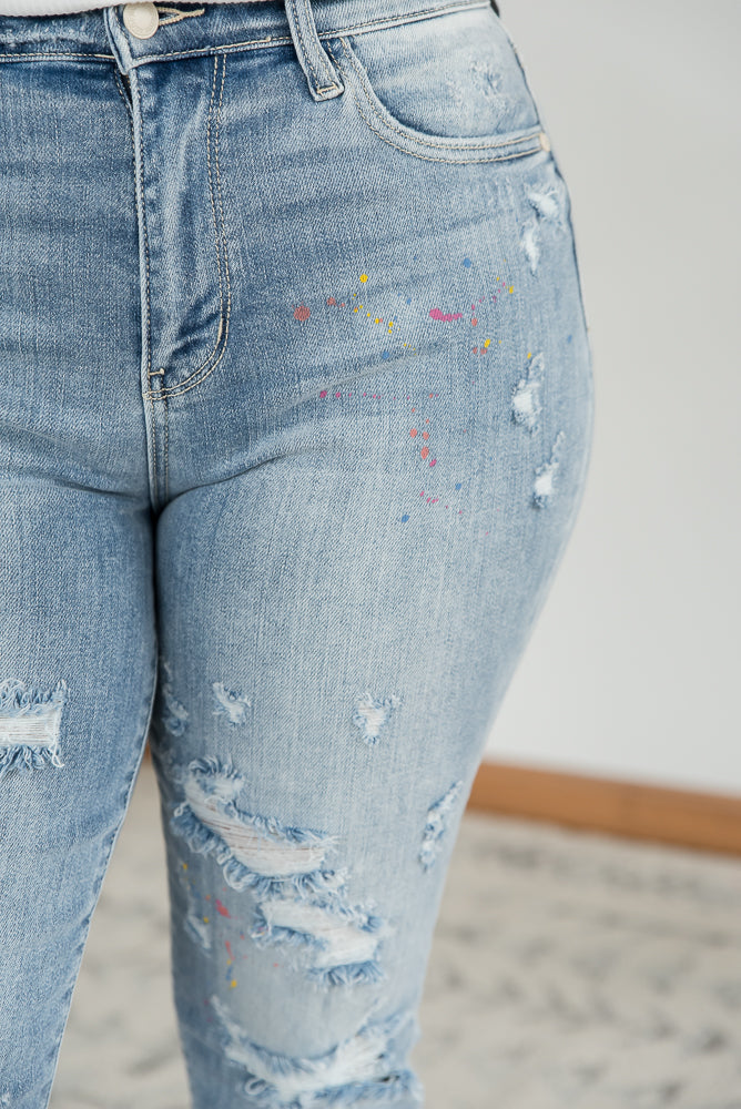 Rainbow Skies Paint Splatter Judy Blue Boyfriend Jeans-Judy Blue-Timber Brooke Boutique, Online Women's Fashion Boutique in Amarillo, Texas