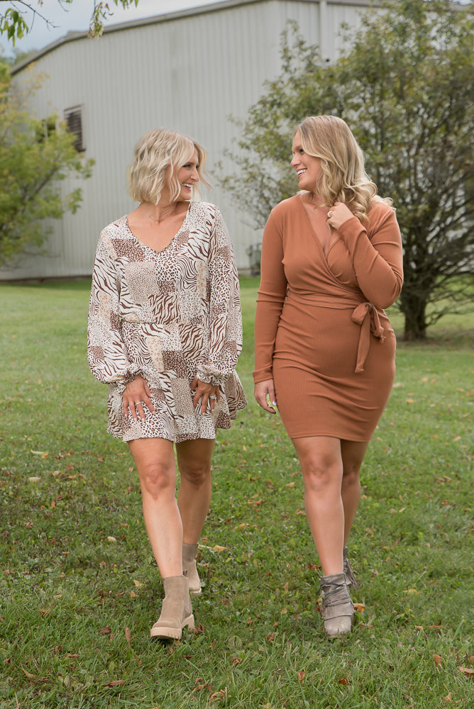 Happy Now Dress in Cognac-White Birch-Timber Brooke Boutique, Online Women's Fashion Boutique in Amarillo, Texas