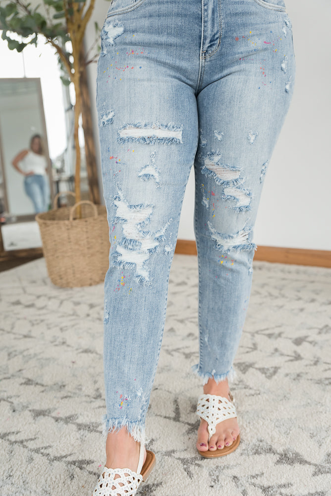 Rainbow Skies Paint Splatter Judy Blue Boyfriend Jeans-Judy Blue-Timber Brooke Boutique, Online Women's Fashion Boutique in Amarillo, Texas