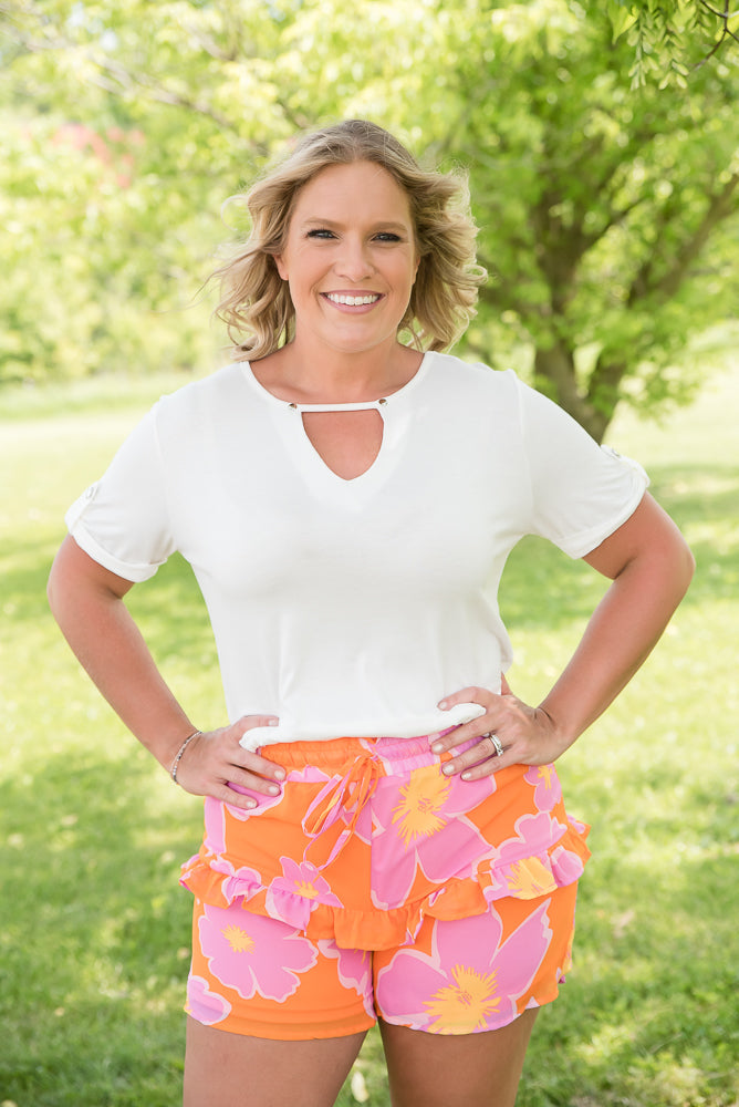 Tangerine Floral Shorts-White Birch-Timber Brooke Boutique, Online Women's Fashion Boutique in Amarillo, Texas