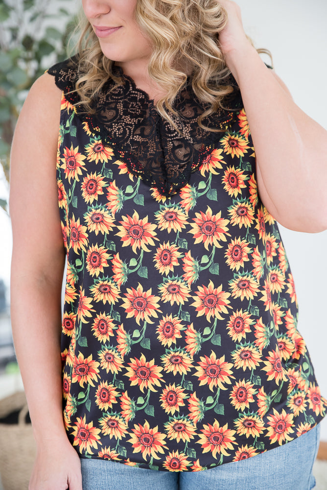 Seeking Sunflowers Lace Tank-YFW-Timber Brooke Boutique, Online Women's Fashion Boutique in Amarillo, Texas