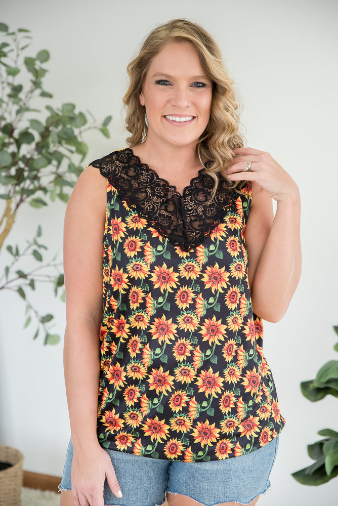 Seeking Sunflowers Lace Tank-YFW-Timber Brooke Boutique, Online Women's Fashion Boutique in Amarillo, Texas