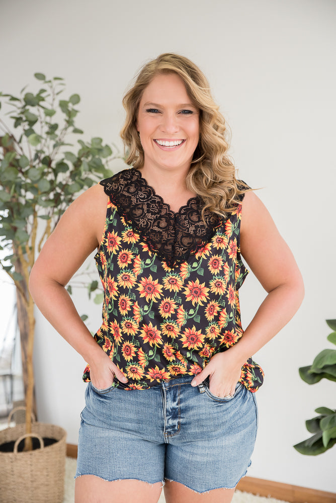 Seeking Sunflowers Lace Tank-YFW-Timber Brooke Boutique, Online Women's Fashion Boutique in Amarillo, Texas