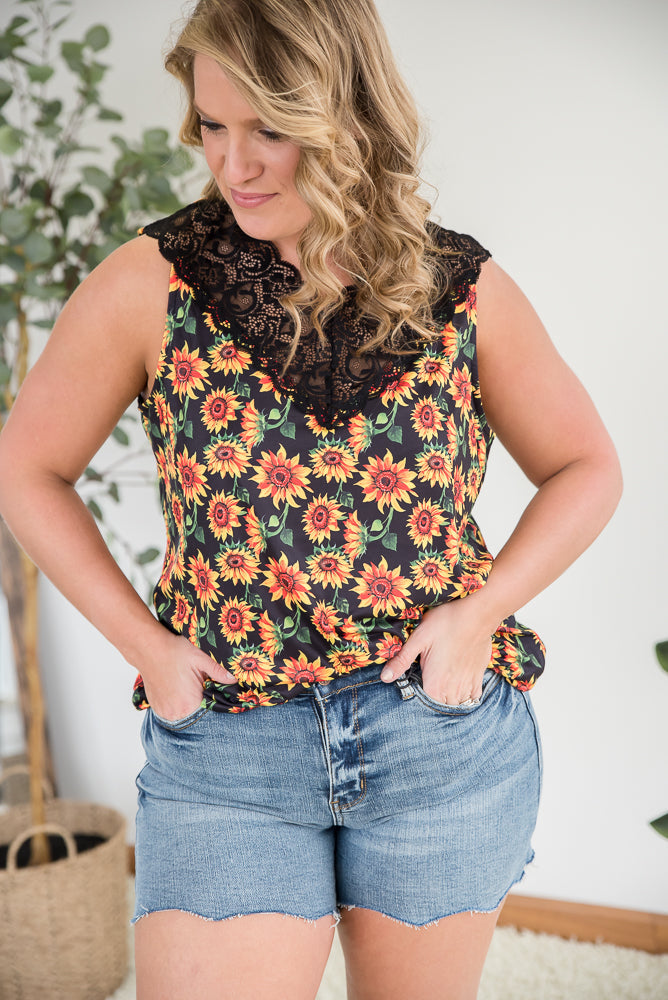 Seeking Sunflowers Lace Tank-YFW-Timber Brooke Boutique, Online Women's Fashion Boutique in Amarillo, Texas