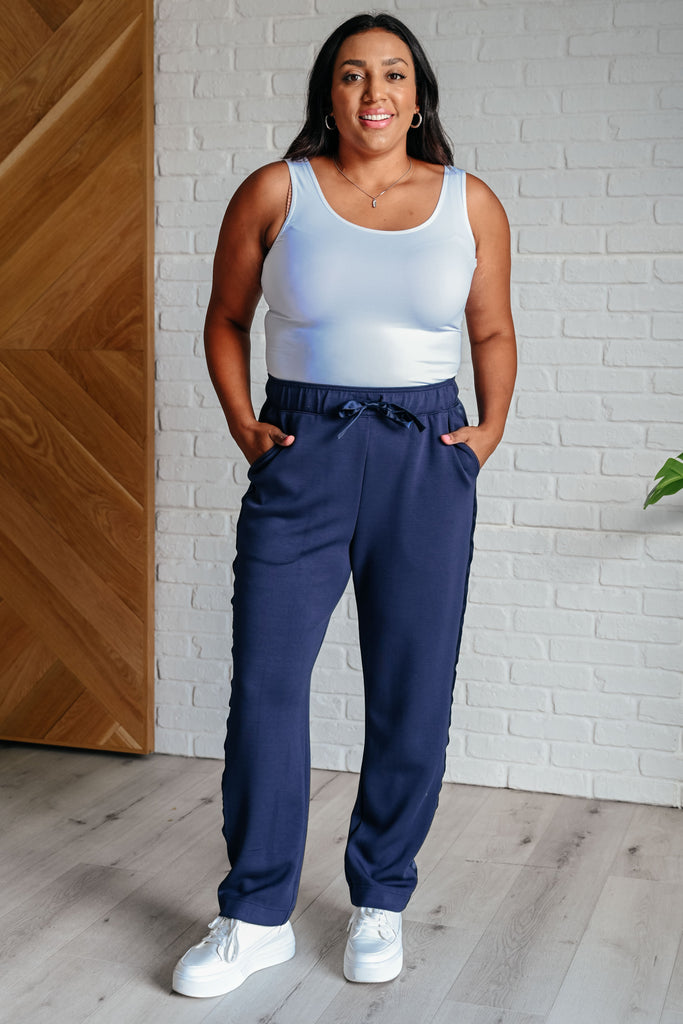 Lysa Satin Stripe Lounge Pants in Smoky Navy-Athleisure-Timber Brooke Boutique, Online Women's Fashion Boutique in Amarillo, Texas