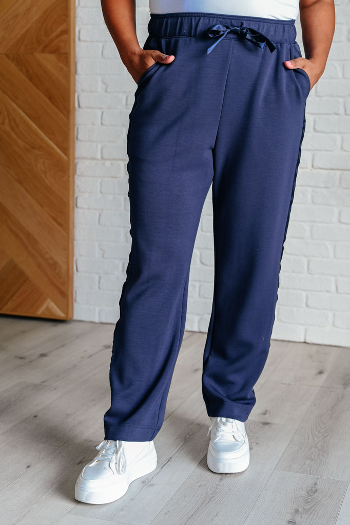 Lysa Satin Stripe Lounge Pants in Smoky Navy-Athleisure-Timber Brooke Boutique, Online Women's Fashion Boutique in Amarillo, Texas