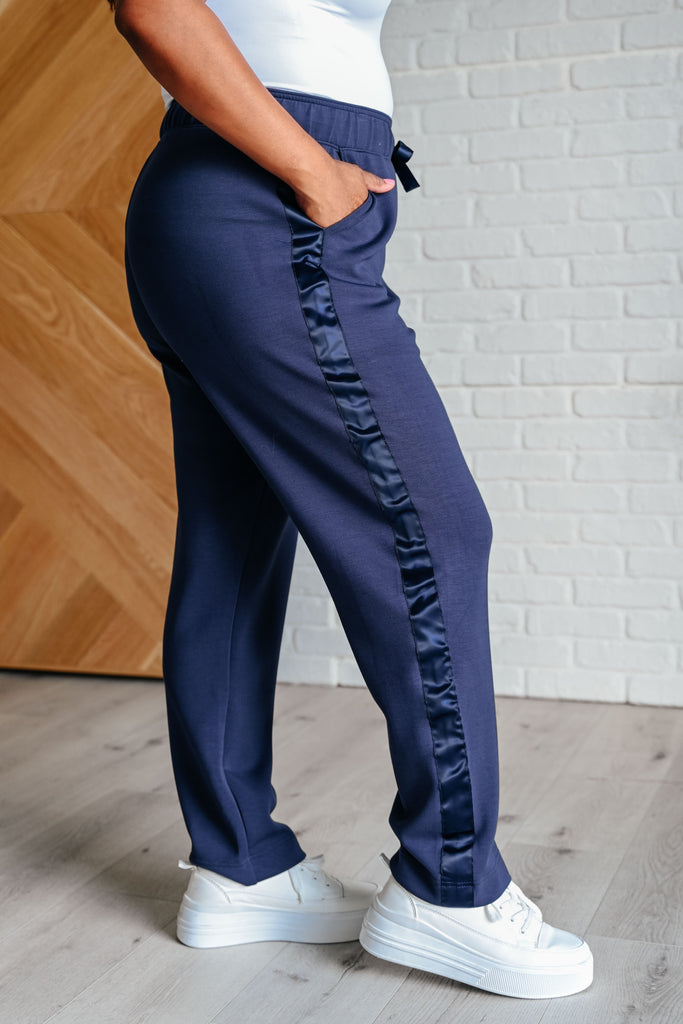 Lysa Satin Stripe Lounge Pants in Smoky Navy-Athleisure-Timber Brooke Boutique, Online Women's Fashion Boutique in Amarillo, Texas