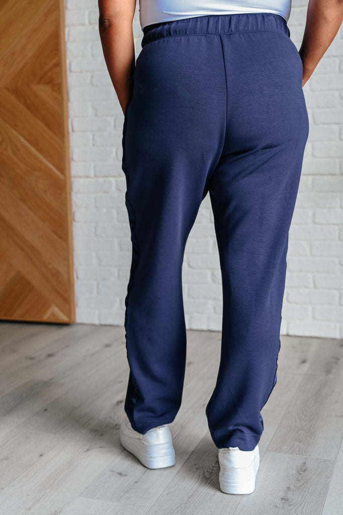 Lysa Satin Stripe Lounge Pants in Smoky Navy-Athleisure-Timber Brooke Boutique, Online Women's Fashion Boutique in Amarillo, Texas