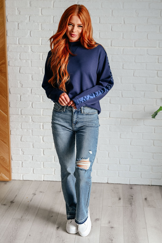 Lysa Satin Stripe Pullover in Smoky Navy-Athleisure-Timber Brooke Boutique, Online Women's Fashion Boutique in Amarillo, Texas