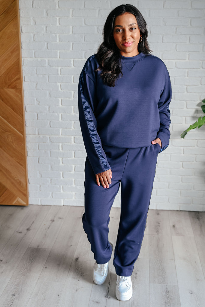 Lysa Satin Stripe Lounge Pants in Smoky Navy-Athleisure-Timber Brooke Boutique, Online Women's Fashion Boutique in Amarillo, Texas